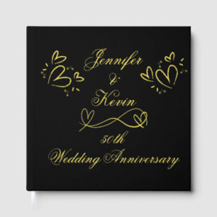 Simple Gold on Black 50th Wedding Anniversary   Guest Book