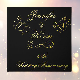 Simple Gold on Black 50th Wedding Anniversary   Guest Book