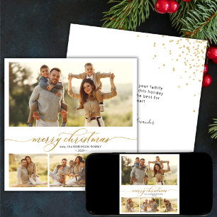 Simple Gold Script 4 Multi Photo Christmas Holiday Card