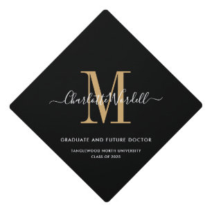 Simple Gold Script And Serif Monogram Black Graduation Cap Topper