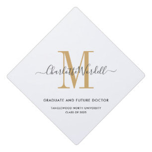 Simple Gold Script And Serif Monogram  Graduation Cap Topper