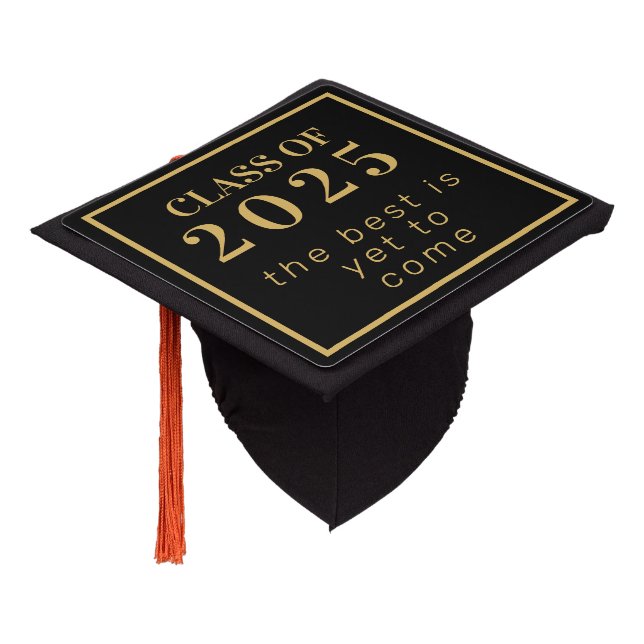Simple Gold Script Black Graduation Class of 2025 Graduation Cap Topper (Angled)