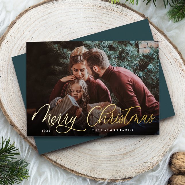 Simple Gold Script Overlay Merry Christmas Photo Foil Holiday Card (Creator Uploaded)