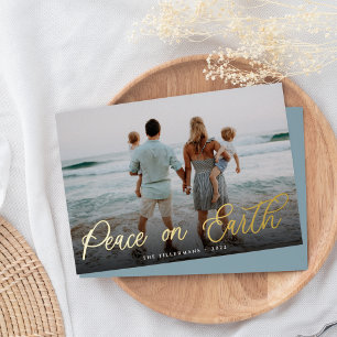 Simple Gold Script Overlay Peace on Earth Photo Foil Holiday Card