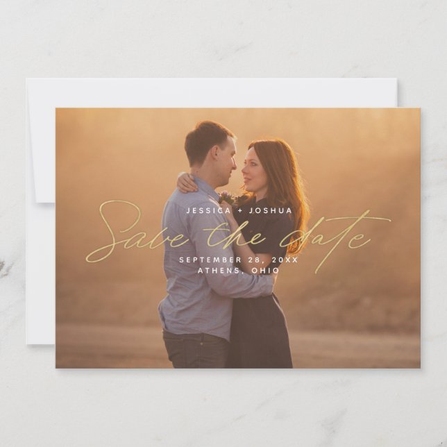 Simple Gold Script Overlay Photo Save the Date Invitation (Front)