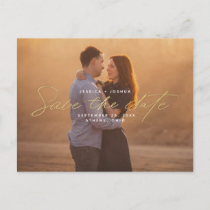 Simple Gold Script Overlay Photo Save the Date Postcard