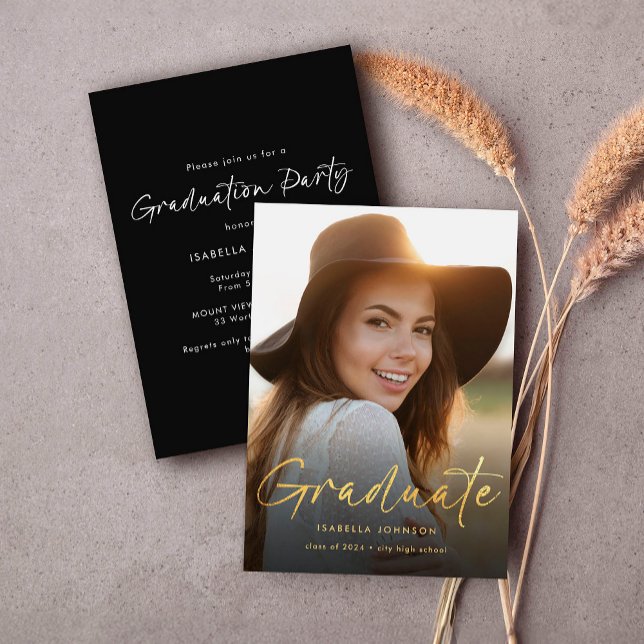 Simple Gold Script Photo Graduation Party Invitation (Creator Uploaded)