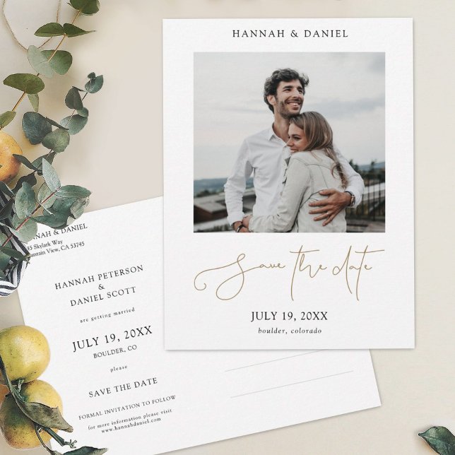 Simple Gold Script Save the Date Photo Wedding Announcement Postcard (Creator Uploaded)