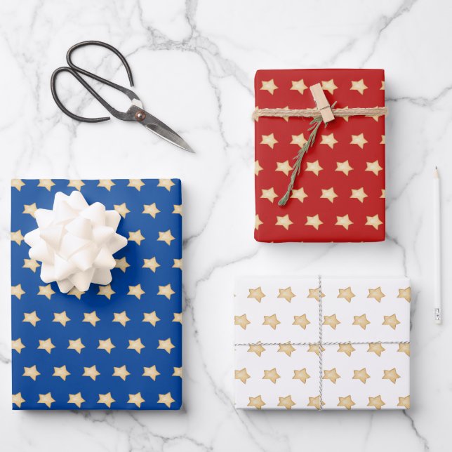 Simple Gold Star on Blue, Red, White, Background Wrapping Paper Sheet (Front)