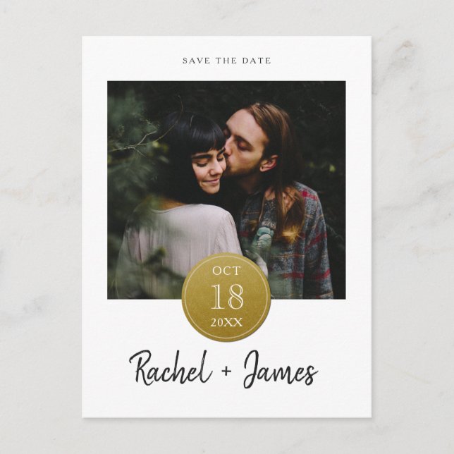 Simple Gold Sticker Save the Date Postcard (Front)