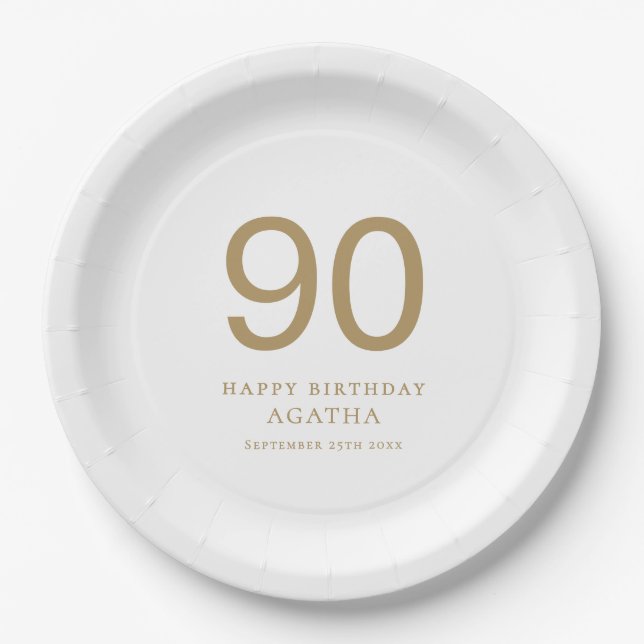Simple Gold Text 90th Name Birthday Party Paper Plate (Front)