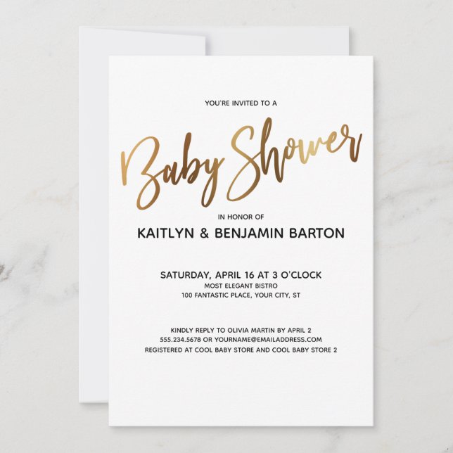 Simple Gold Typography Baby Shower Invitation (Front)