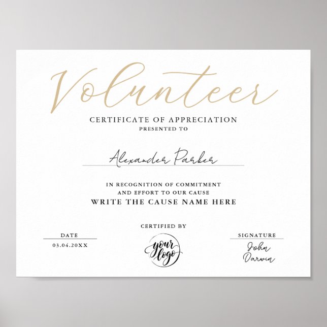 Simple Gold Volunteer Certificate Of Appreciation Poster (Front)