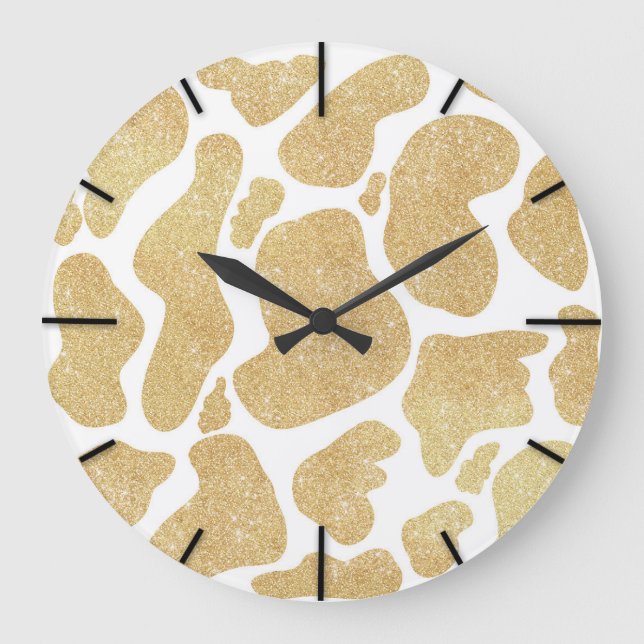 Simple Gold white Large Cow Spots Animal Pattern Large Clock (Front)