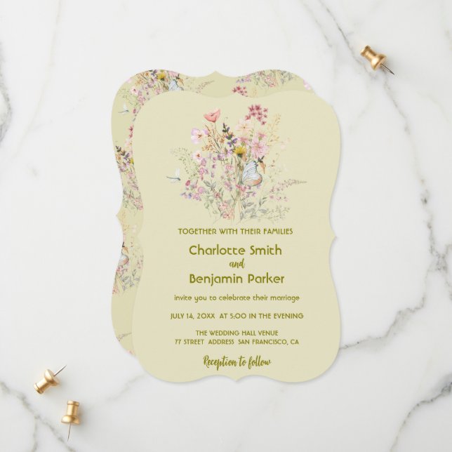Simple Gold wildflowers bouquet floral wedding Save The Date (Front/Back In Situ)