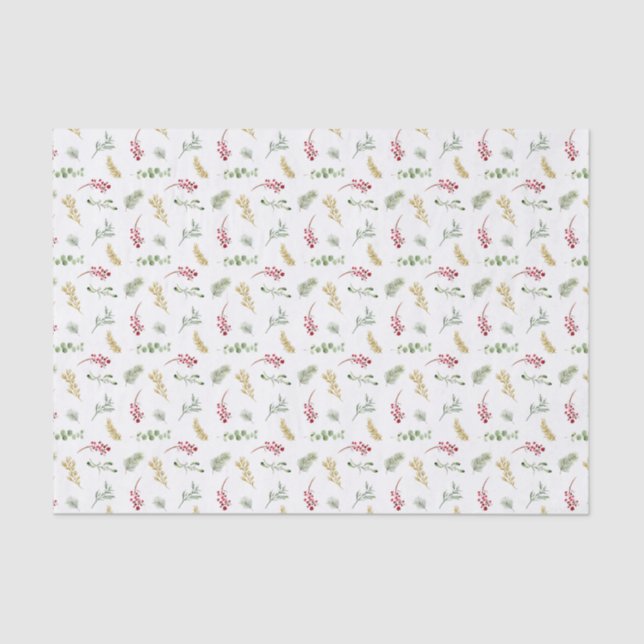 Simple Gold Winter Greenery Watercolor Christmas Tissue Paper (Front)