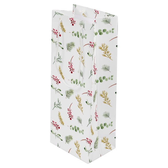 Simple Gold Winter Greenery Watercolor Christmas Wine Gift Bag (Front Angled)