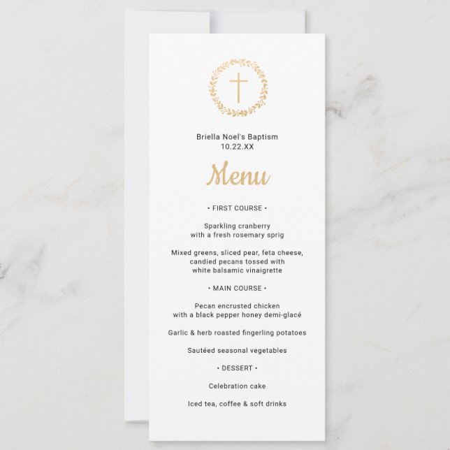 Simple Gold Wreath with Cross Baptism Menu Invitation (Front)