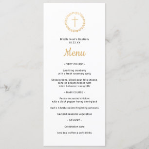 Simple Gold Wreath with Cross Baptism Menu Invitation