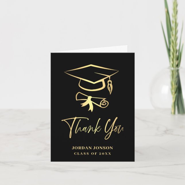Simple Golden Black Modern Graduation Thank You Card (Front)