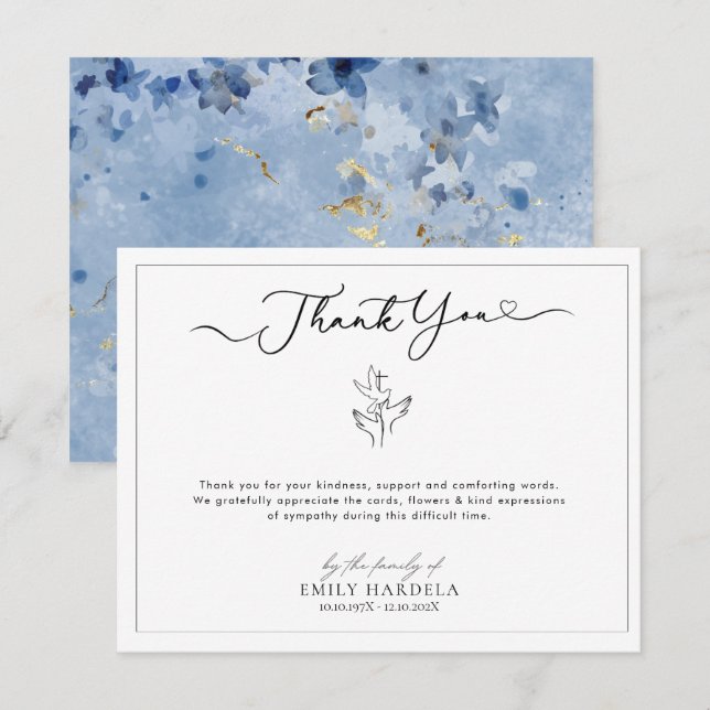 Simple Golden Blue Floral Funeral Thank You Card (Front/Back)
