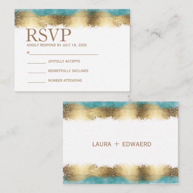 Simple golden foil and aqua blue border minimalist card (Front/Back)