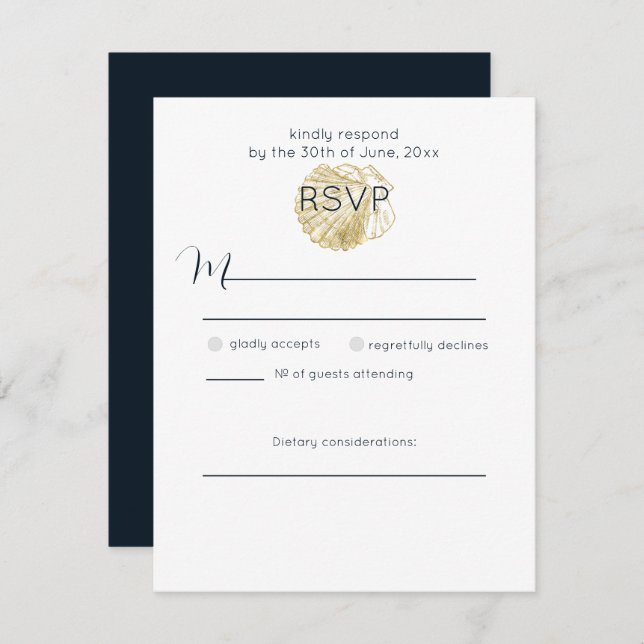 Simple Golden Sea Shell and Deep Prussian Blue RSVP Card (Front/Back)