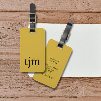 Simple Golden Yellow Black Bold Monogram  Luggage Tag