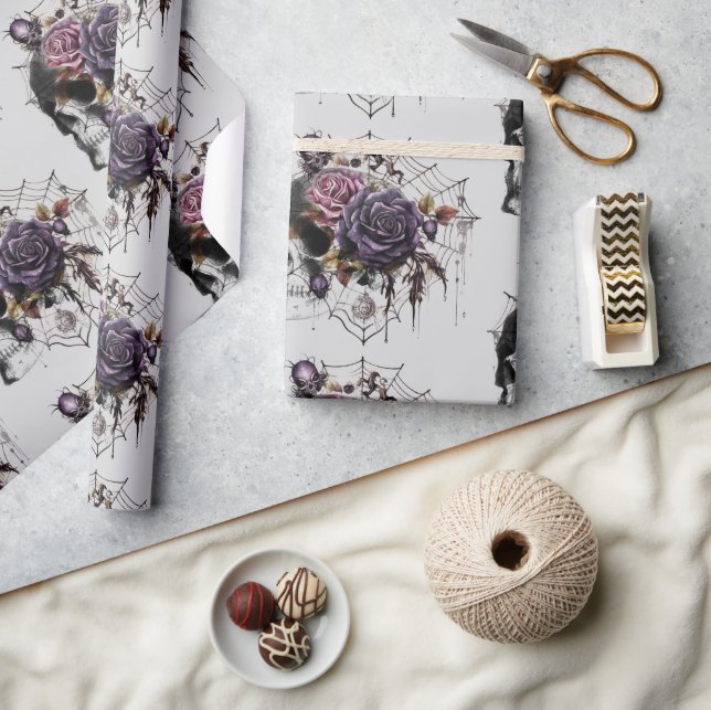 Simple gothic roses & skull Halloween party Wrapping Paper (Crafts)