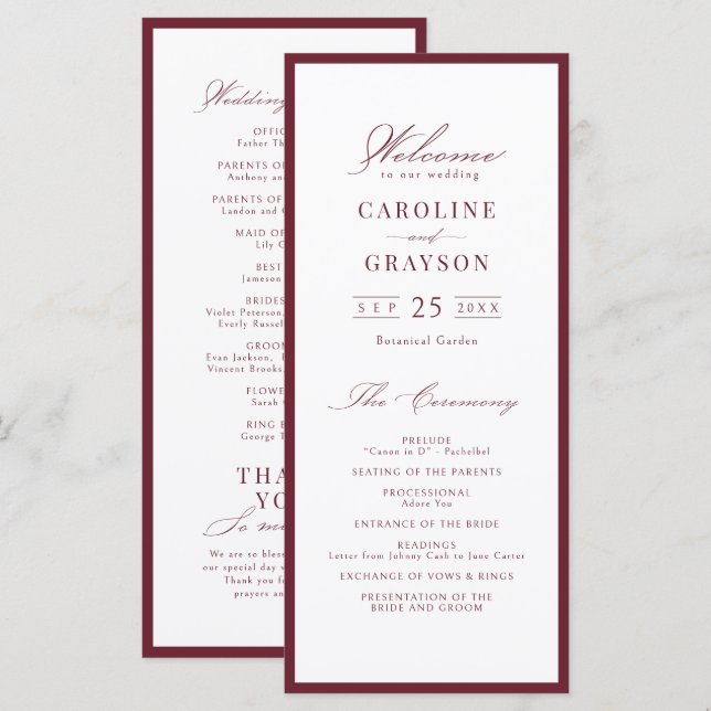 Simple Graceful Script Burgundy Wedding Program (Front/Back)