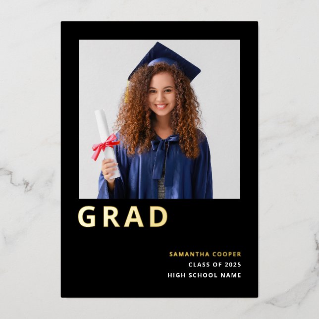 Simple Grad 2025 Real Gold Foil Faire-part noir (Recto)