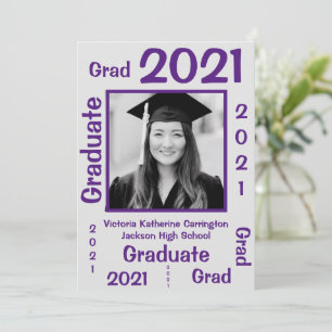 Simple GRAD Photo Name Purple Graduation Announcement