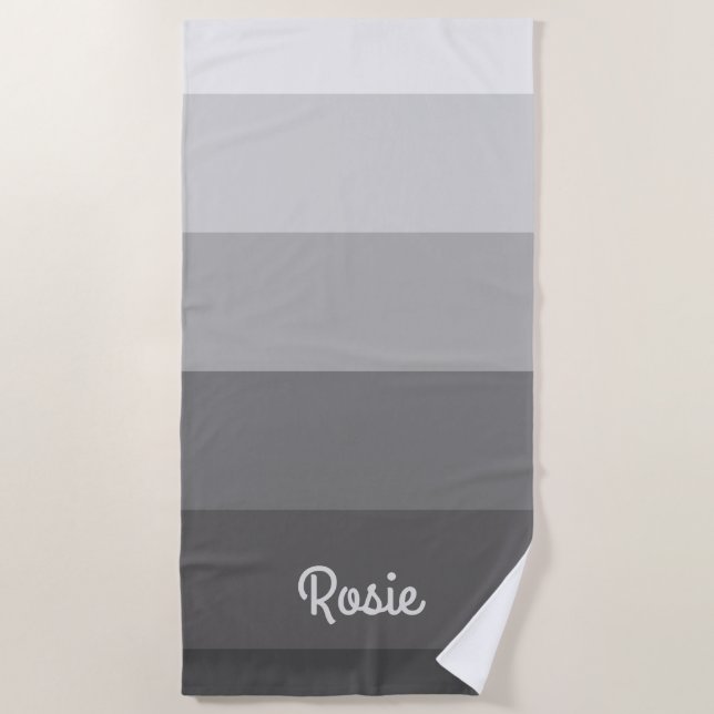 Simple Gradient Grey Stripes with Custom Name Beach Towel (Front)