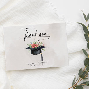 Simple Graduate Cap Flowers Modern Graduation Thank You Card