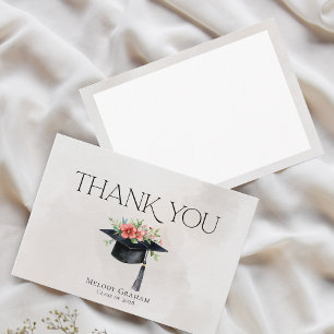 Simple Graduate Cap Flowers Modern Graduation Thank You Card