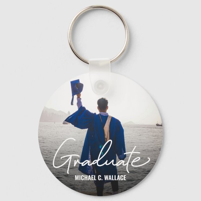 Simple Graduate Modern Script Custom Photo Message Keychain (Front)