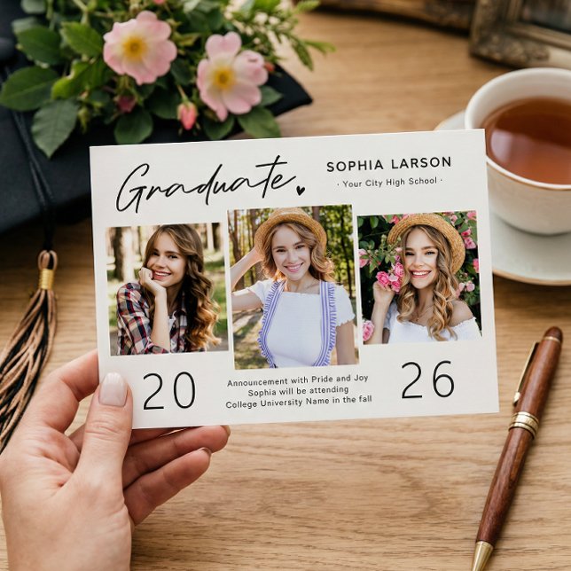 Simple Graduate Script 3 Photo Collage Graduation Announcement (Creator Uploaded)