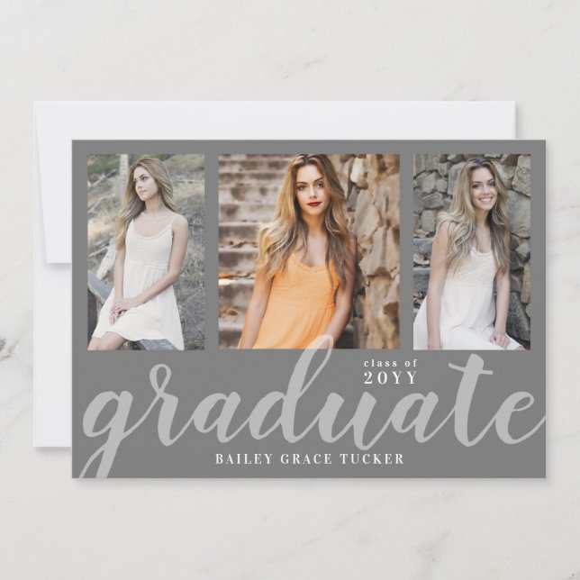 Simple Graduate Script Collage Grey Graduation Announcement (Front)