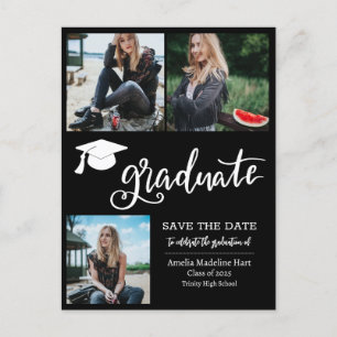 Simple Graduate Script Save The Date Photo Black Announcement Postcard