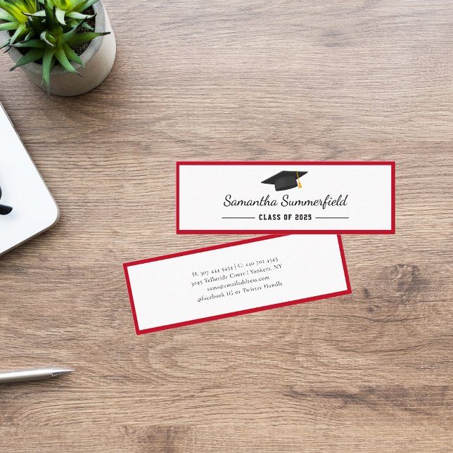 Simple Graduation 2025 Minimalist Script Name Mini Business Card (Elegant Graduation 2025 Red White Grad Cap Mini Calling Card)