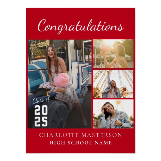 Simple Graduation 2025 Photo Collage Red Poster (Front)
