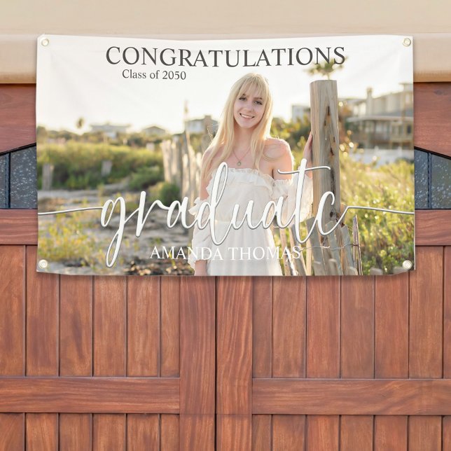 Simple Graduation Party Sign Custom Photo (Modern graduation photo banner with elegant script and personalized class year celebration design.)