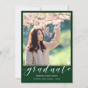 Simple Graduation Photo White Script on Green Announcement