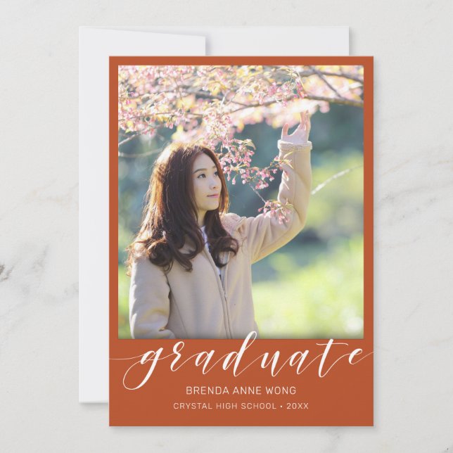 Simple Graduation Photo White Script on Orange Announcement (Front)