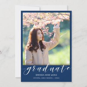Simple Graduation Photo White Script on Royal Blue Announcement