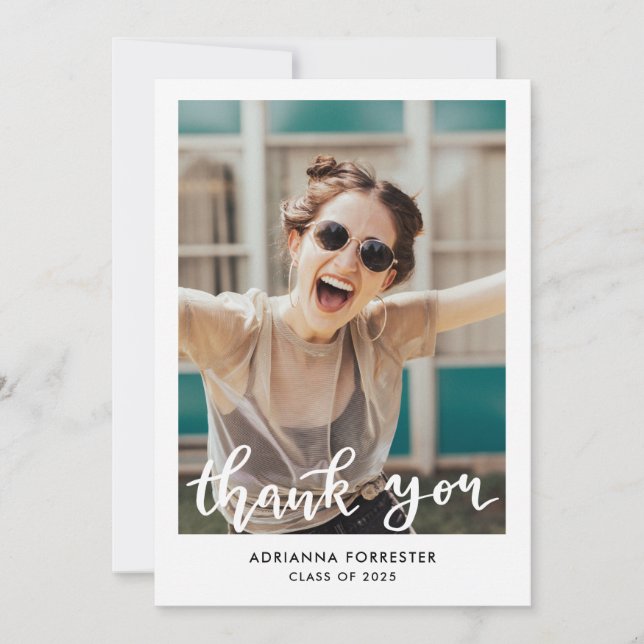 Simple Graduation Thank You Script Grad Photo Card (Front)