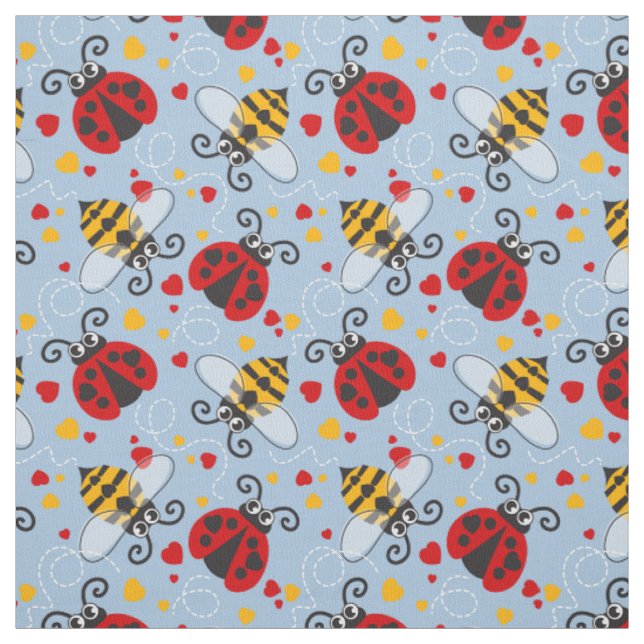 Simple graphic ladybugs and bees love hearts fabric (Swatch)