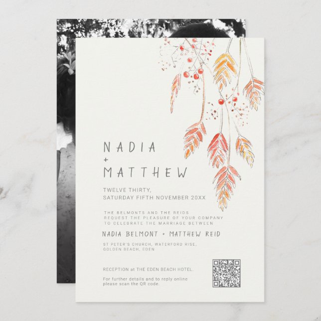 Simple grass and berries fall sketch photo wedding invitation (Front/Back)