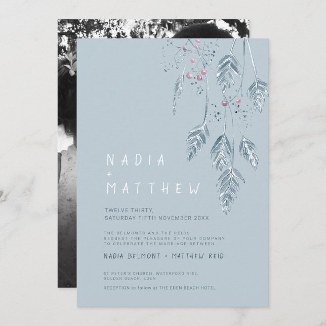 Simple grass and berries sketch photo dusty blue invitation (Front/Back)