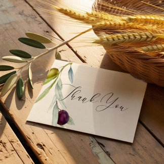 Simple Green and Black Olive Branch Watercolor Thank You Card